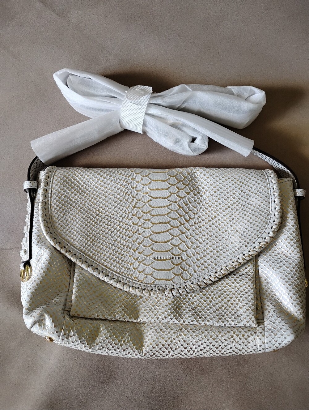 Amiee Kestenberg All For Love Gold & Cream Cross Body Python Print Handbag New